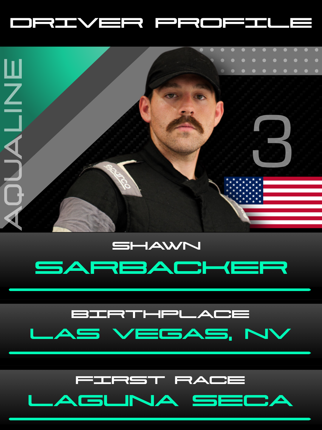 Driver profile — Shawn Sarbacker, car 3, Las Vegas, NV. First race: Laguna Seca